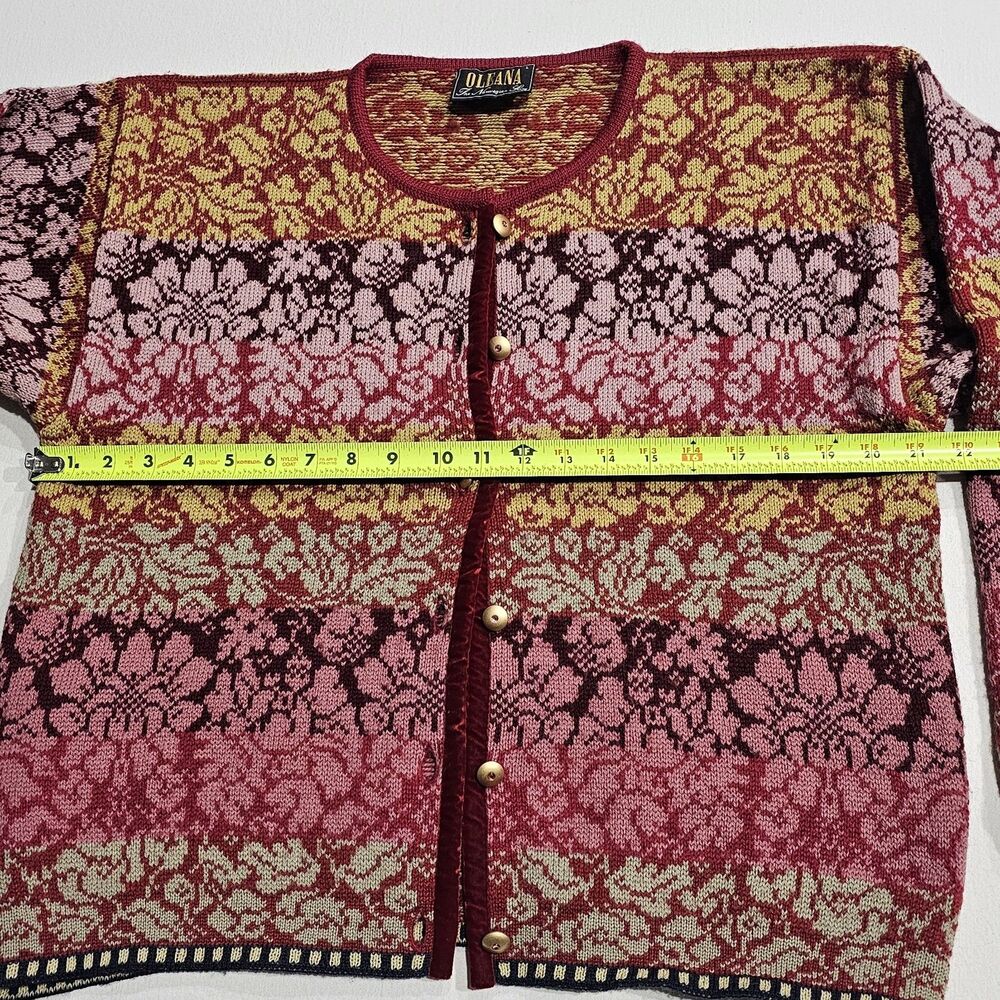 OLEANA Multicolor Floral 100% Pure New Wool Long Sleeve Cardigan Sweater Size L - Picture 12 of 14